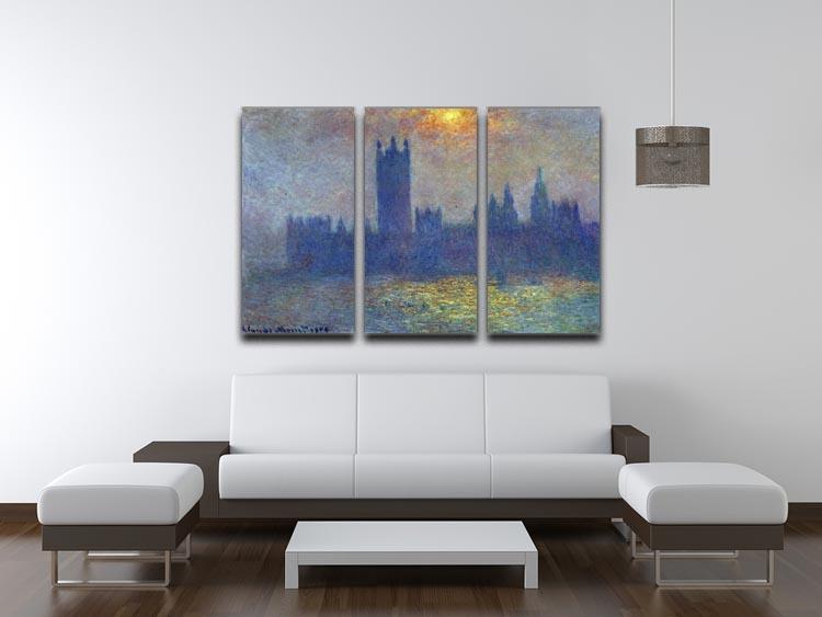 Three-panel canvas art featuring Monet's Houses of Parliament in sunlight and fog, showcasing vibrant colors and intricate details.